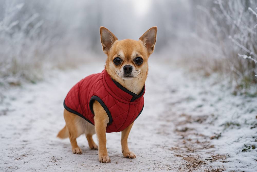 Kleiner Hund mit Mantel auf winterlichem Weg, Schnee und frostige Umgebung.