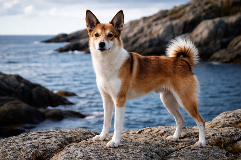 Kleiner spitzartiger Hund mit aufgerichteten Ohren steht auf felsigem Untergrund an einer Küste
