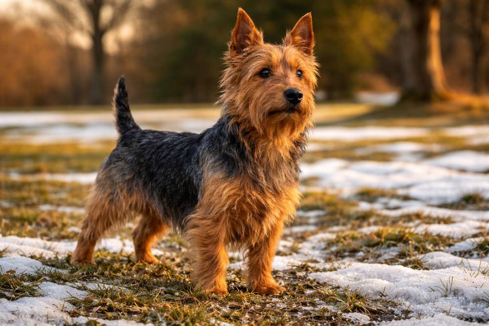 Australian Terrier steht aufmerksam auf einer winterlichen Wiese mit schmelzendem Schnee, spätes Nachmittagslicht, wacher Blick und gespannte Körperhaltung.