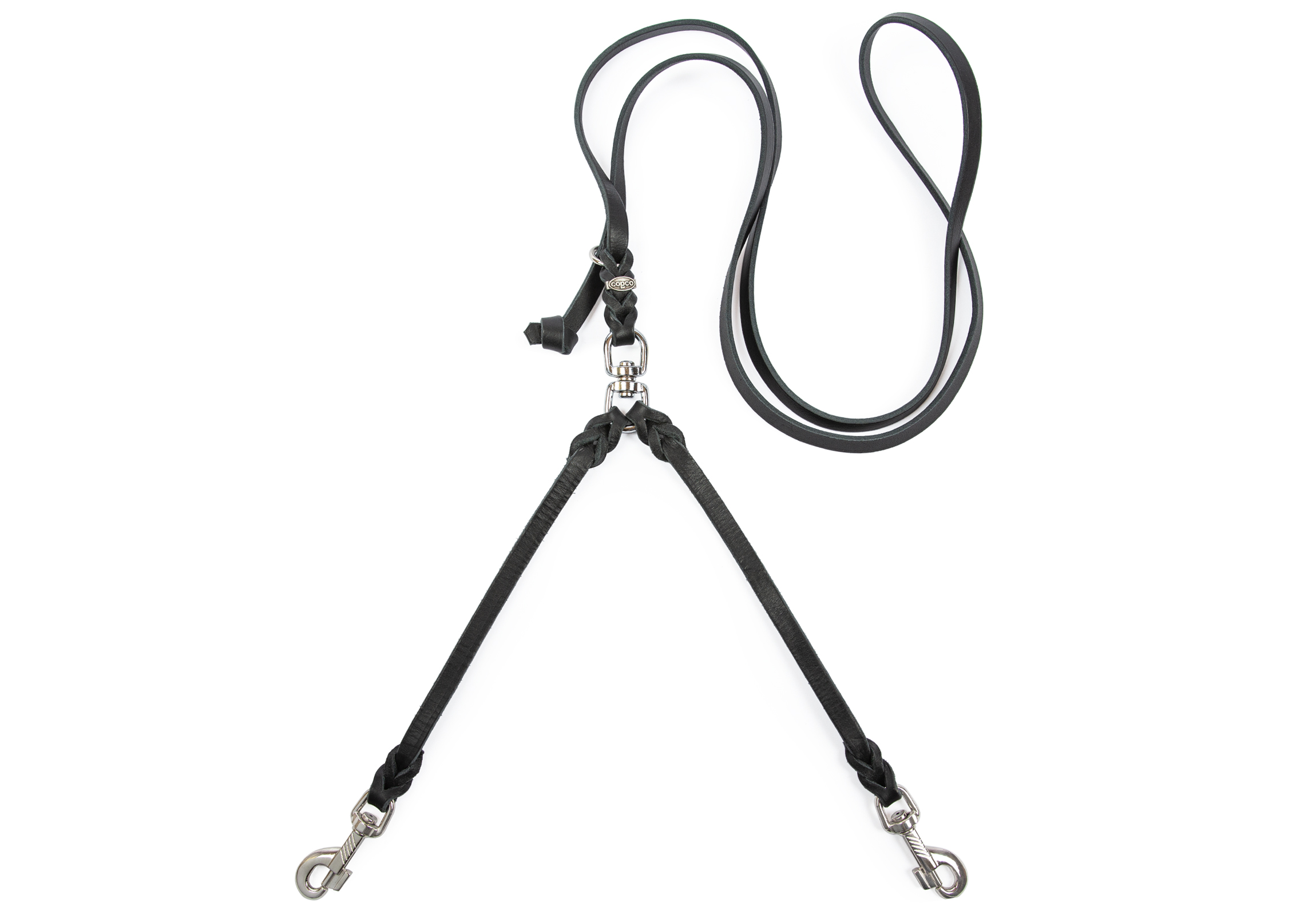 Lederleine Zwillingsleine Koppel Leine Schwarz Verchromt 55 cm + 2 x 70 cm x 8 mm