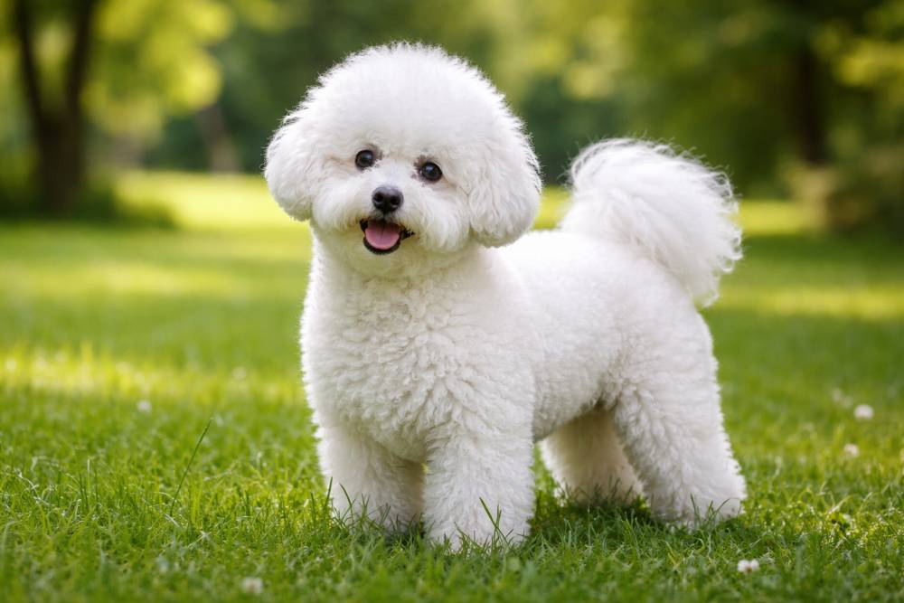 Weißer Bichon Frisé mit lockigem Fell steht aufmerksam auf einer grünen Wiese