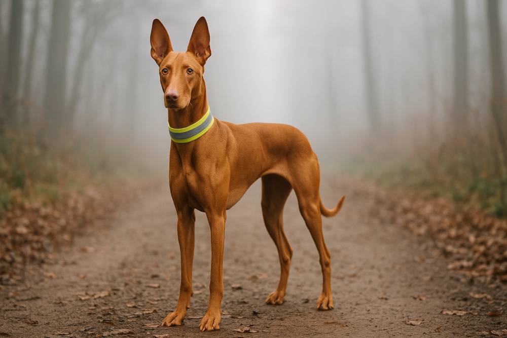 Hund im Nebel auf einem Waldweg mit reflektierendem Halsband.