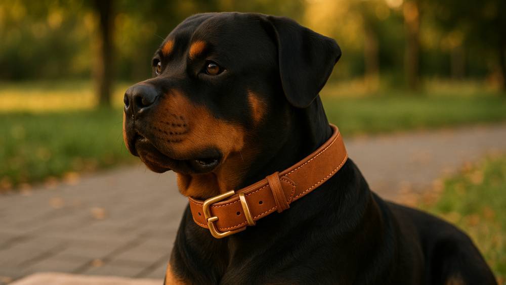 Fotografie eines Rottweilers, der ein hochwertiges, cognacfarbenes Lederhalsband mit Messingbeschlägen trägt.