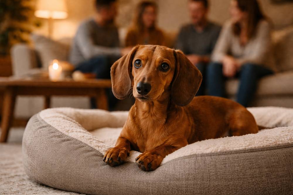 Hund liegt entspannt auf einem Hundebett, während im Hintergrund Besuch zusammensitzt.