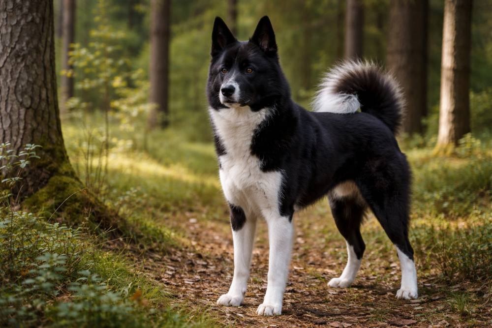 Schwarz-weißer Jagdhund mit dichter Fellstruktur steht aufmerksam in einer natürlichen Waldumgebung