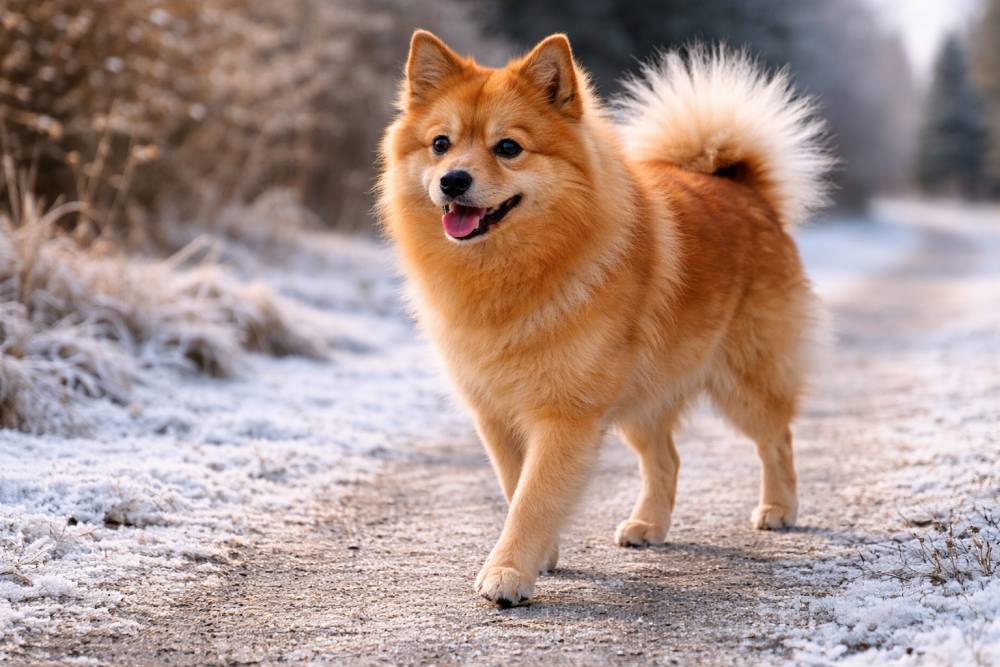 Hund bewegt sich bei frostigem Wetter ruhig über verschneiten Boden.