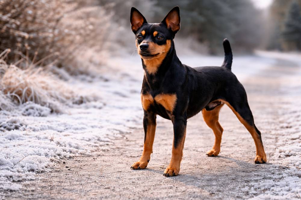 Hund steht im Winter mit leicht angespannter Körperhaltung auf einem frostigen Weg.