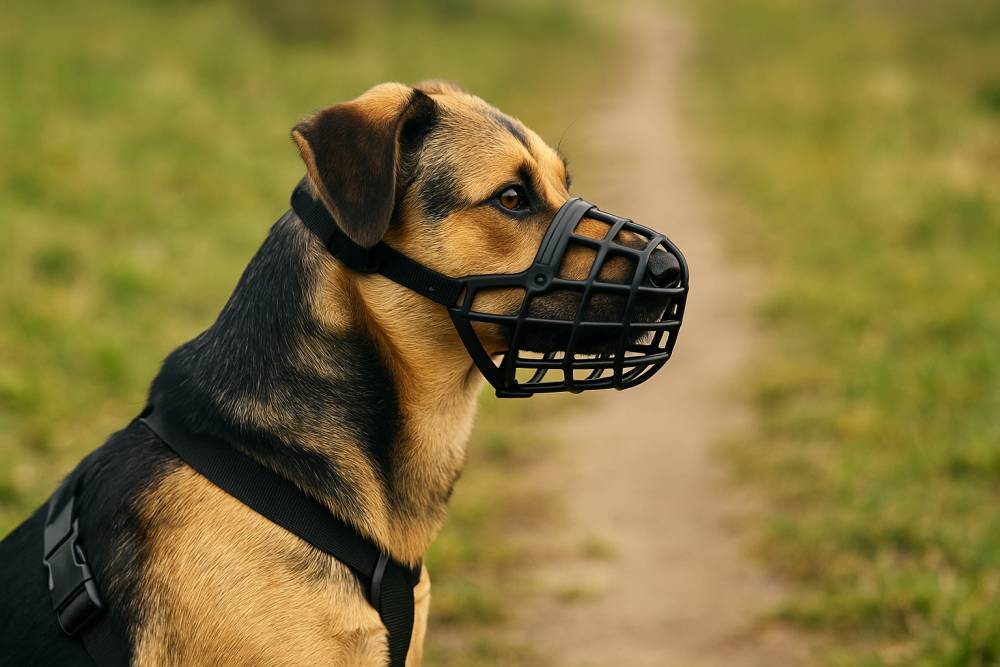 Hund mit Maulkorb im Freien