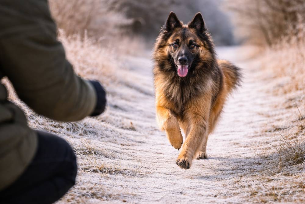 Hund kommt im Winter bei Tageslicht zuverlässig zurück, Leine locker, ruhige Umgebung.