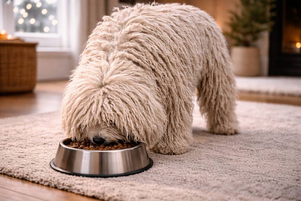 Hund frisst ruhig aus dem Napf in winterlicher Wohnatmosphäre.