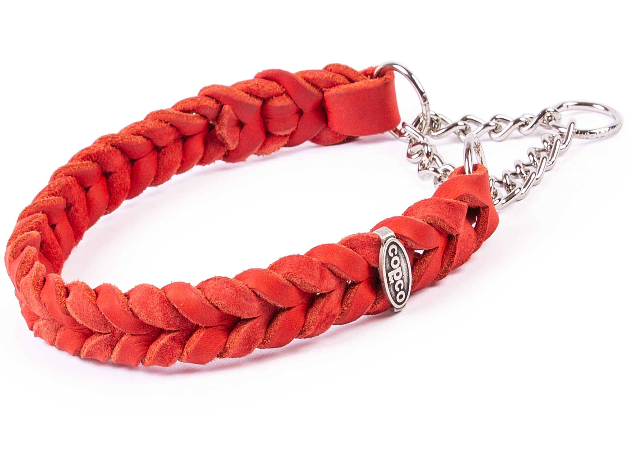 Fettleder Halsband geflochten mit verchromter Zugstopp Kette Rot 60 - 65 cm 25 mm