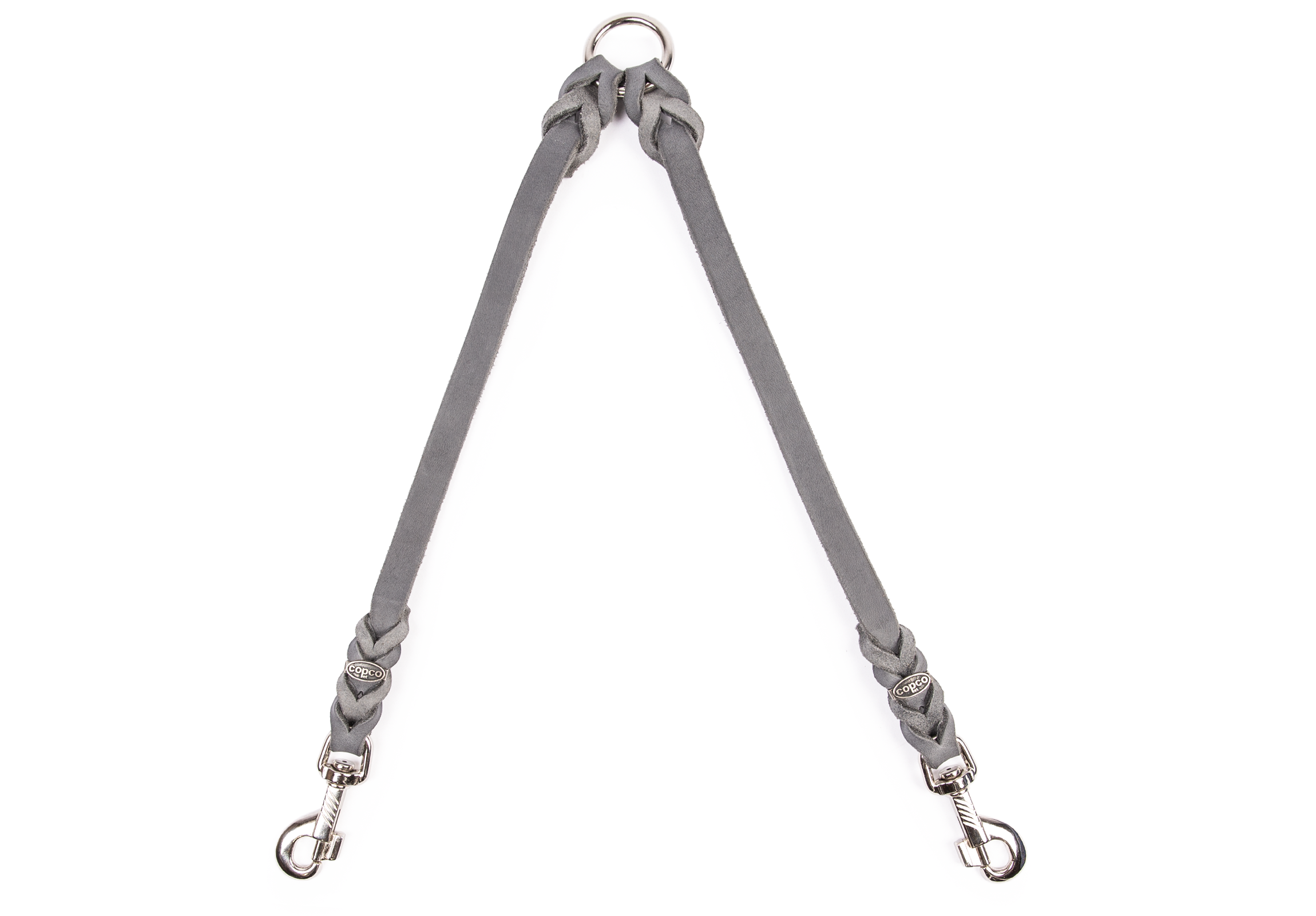 Koppel mit 2 Karabiner aus Fettleder Grau 50 cm x 15 mm verchromt