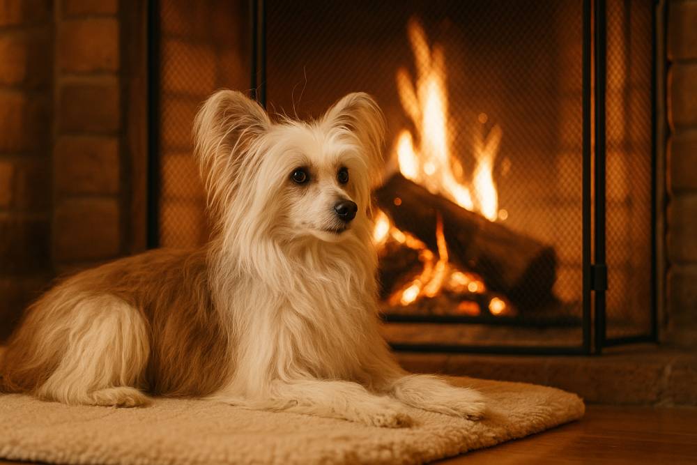 Hund liegt entspannt vor einem Kaminfeuer, auf sicherer Distanz, gemütliche Winterumgebung.