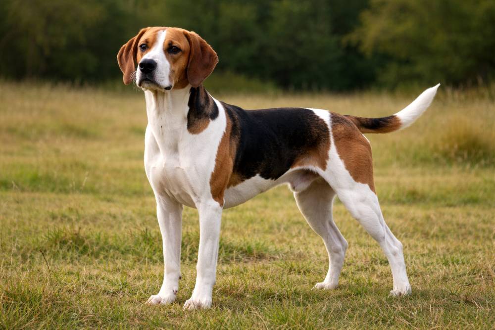 mittelgroßer dreifarbiger Hund steht aufmerksam auf einer Wiese im Freien