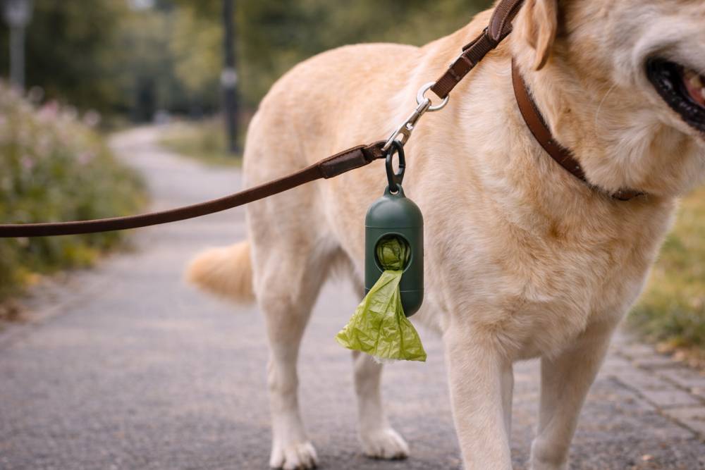 Kotbeutelspender an einer Hundeleine