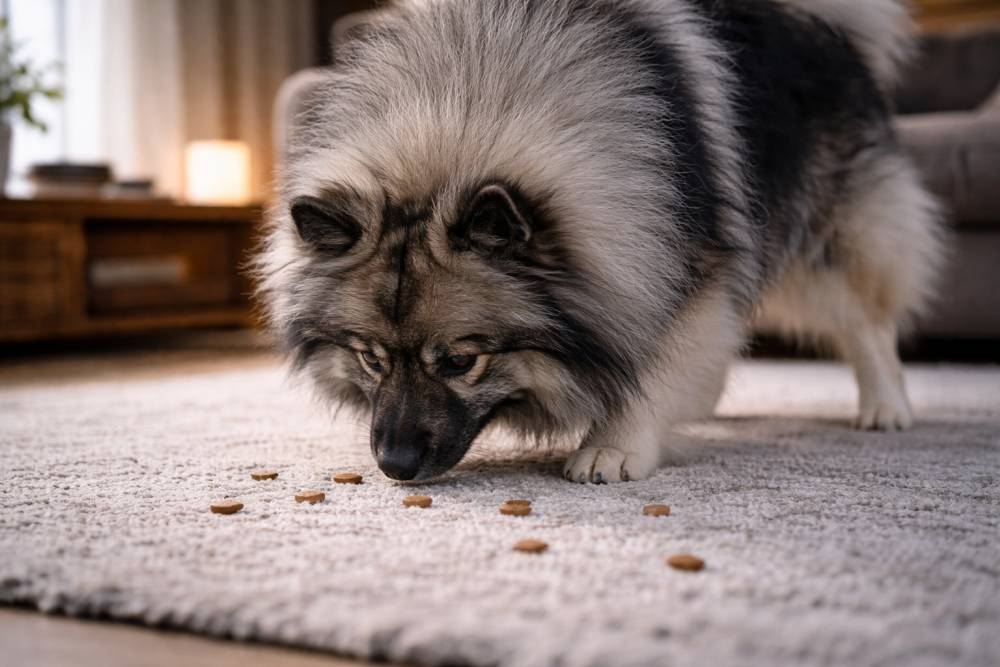 Hund sucht konzentriert Leckerlis im Wohnzimmer ohne Spielzeug.