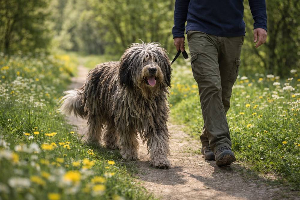 Bergamasker Hirtenhund läuft aufmerksam neben seinem Halter auf einem Frühlingsweg durch eine Wiese mit blühenden Pflanzen und weichem Sonnenlicht
