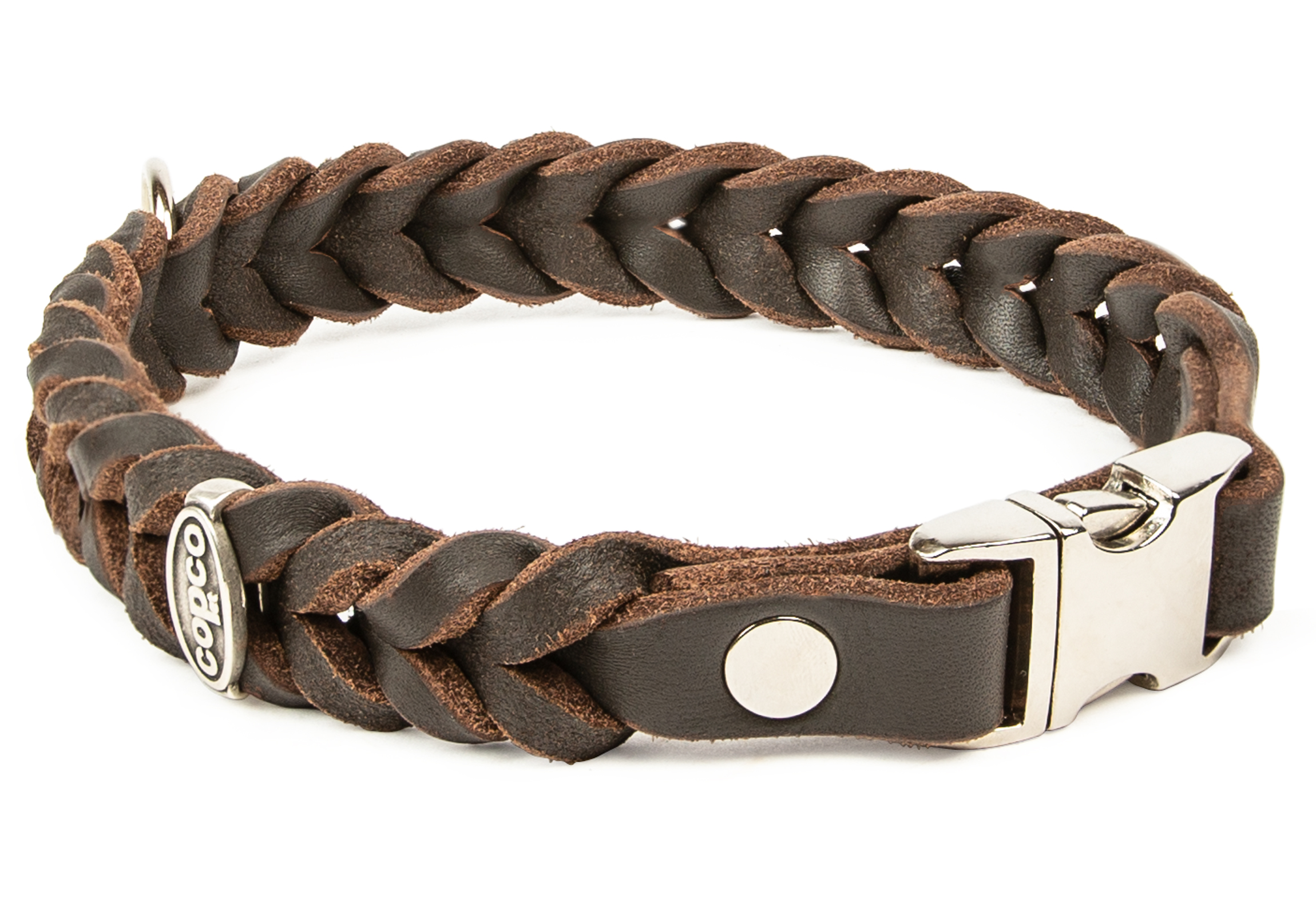 Fettleder Halsband geflochten mit silbernen Metall-Klick-Verschluß Braun 65 cm 20 mm