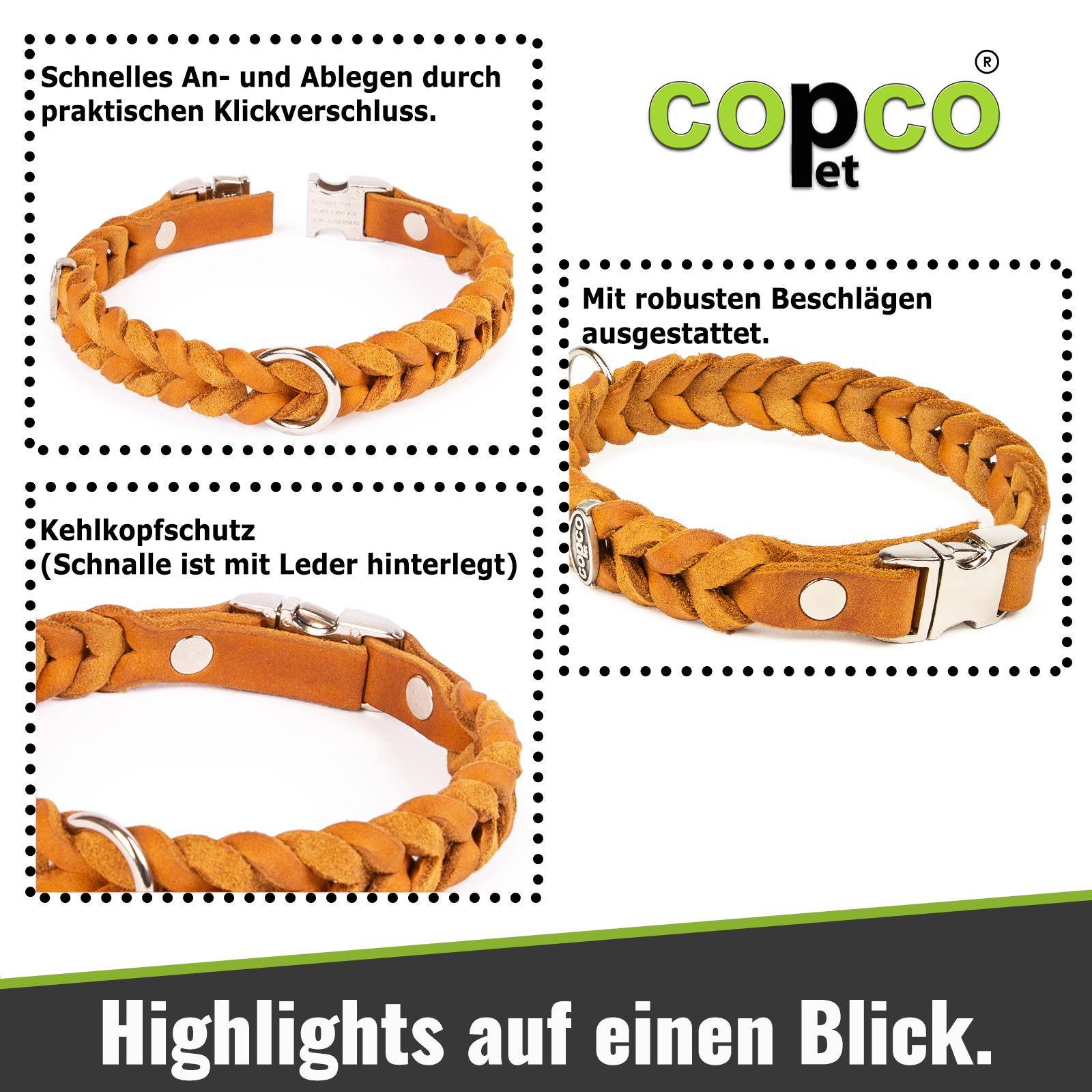 Fettleder Halsband geflochten mit Messing Metall-Klick-Verschluß Cognac 65 cm 20 mm