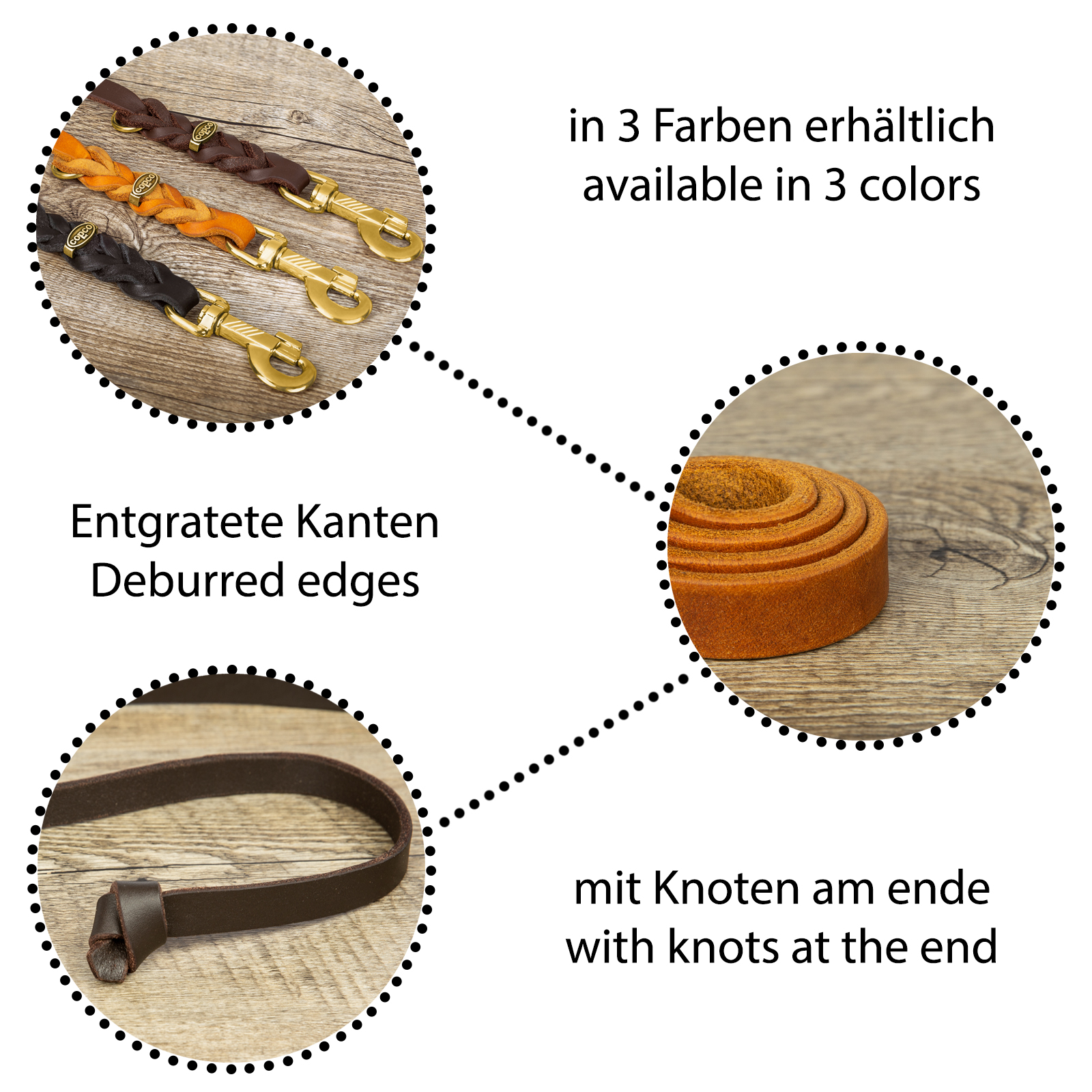 Fettleder-Leine Messing ohne Handschlaufe Cognac 2 m x 15 mm