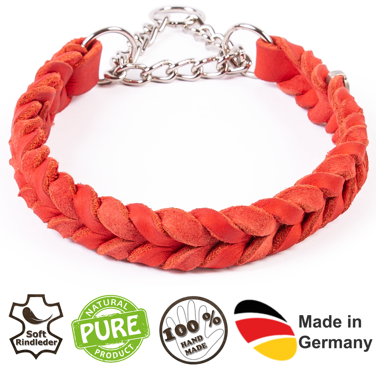 Fettleder Halsband geflochten mit verchromter Zugstopp Kette Rot 60 - 65 cm 25 mm