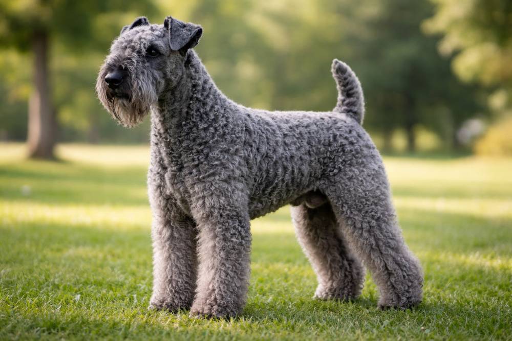 Blaugrauer Terrierhund mit lockigem Fell steht aufmerksam auf einer grünen Wiese