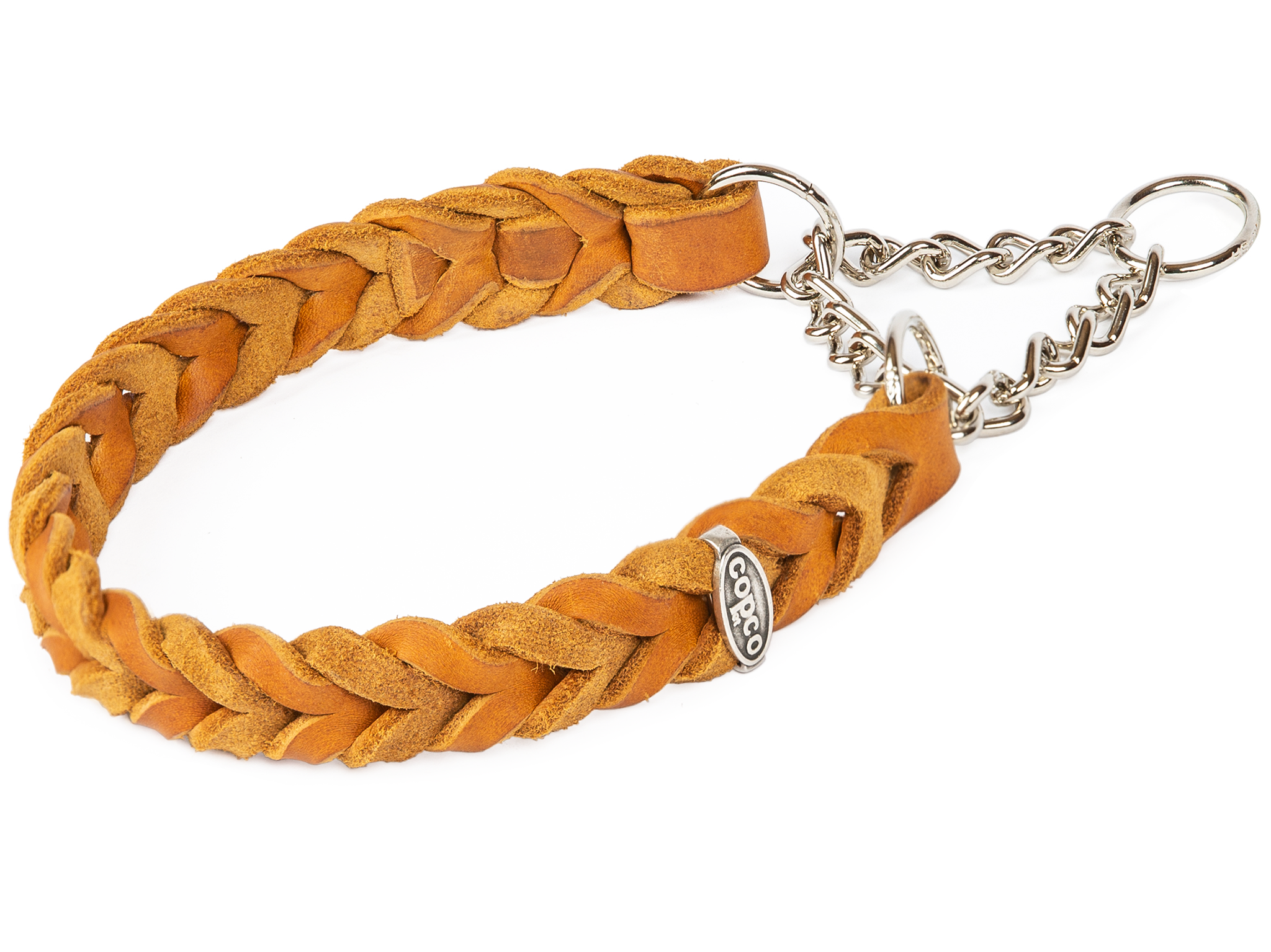 Fettlederhalsband geflochten mit verchromte Zugstopp Kette Cognac 60 - 65 cm 25 mm