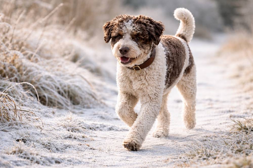 Hund läuft motiviert durch winterliche Landschaft bei Tageslicht.