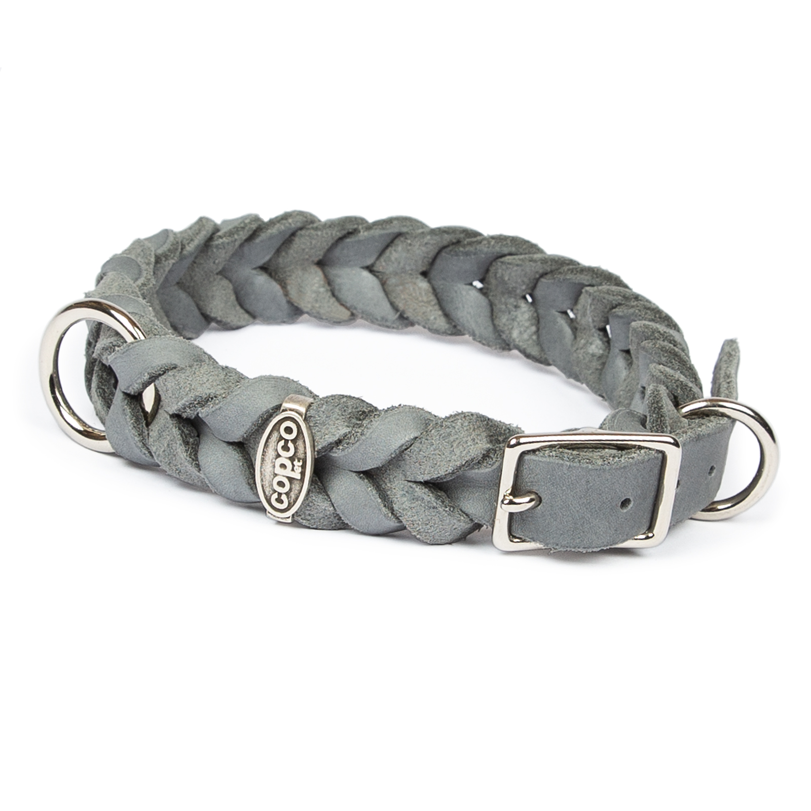 Fettlederhalsband geflochten mit Dornschließe verchromt Grau 40 - 44 cm 20 mm