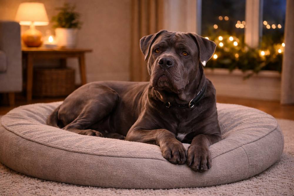 Ein Cane Corso im Körbchen
