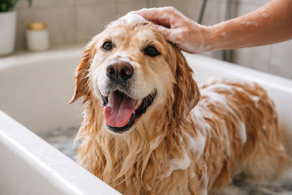 Hund wird in einer Badewanne mit Shampoo eingeschäumt und gebadet