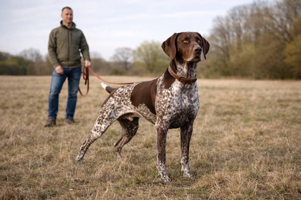Ein Deutscher Kurzhaar steht aufmerksam auf einer trockenen Wiese im milden Fruehlingslicht waehrend der Halter im Hintergrund die Leine locker haelt und die Umgebung ruhig ist.