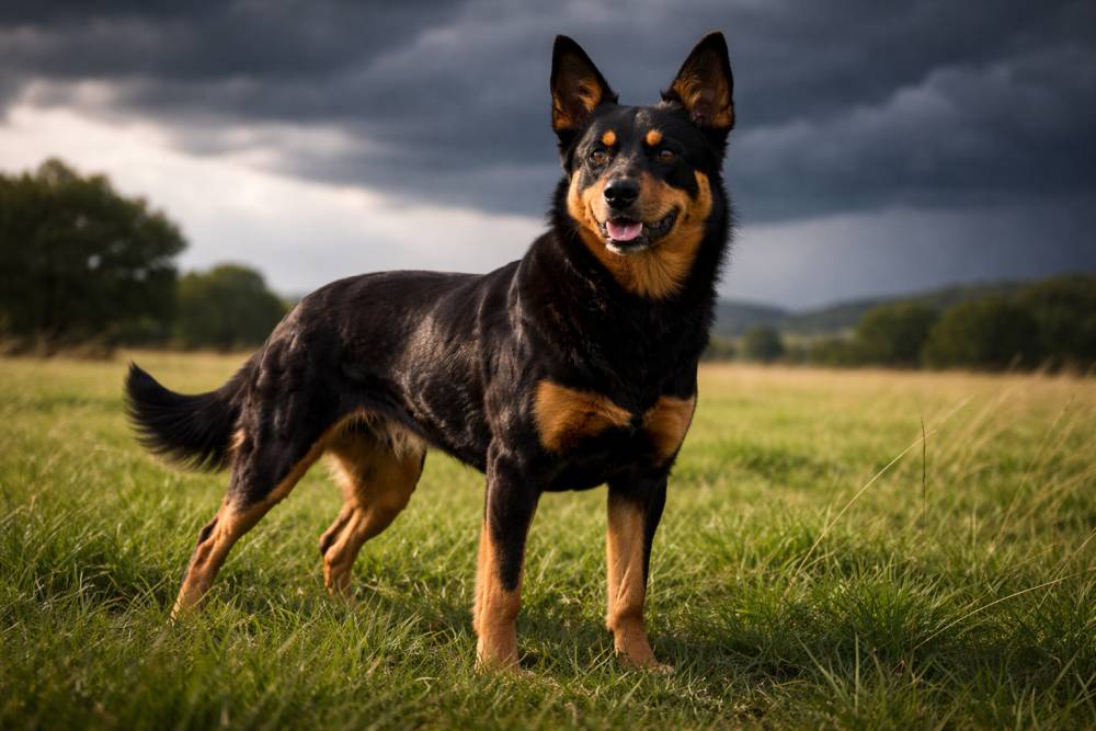 Ein Australian Kelpie steht aufmerksam auf einer Wiese bei aufziehendem Gewitterhimmel, der Wind bewegt sein Fell leicht