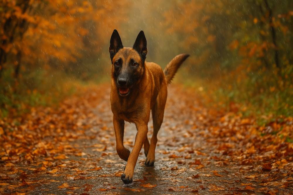 Hund läuft auf herbstlichem Weg durch buntes Laub bei leichtem Regen.