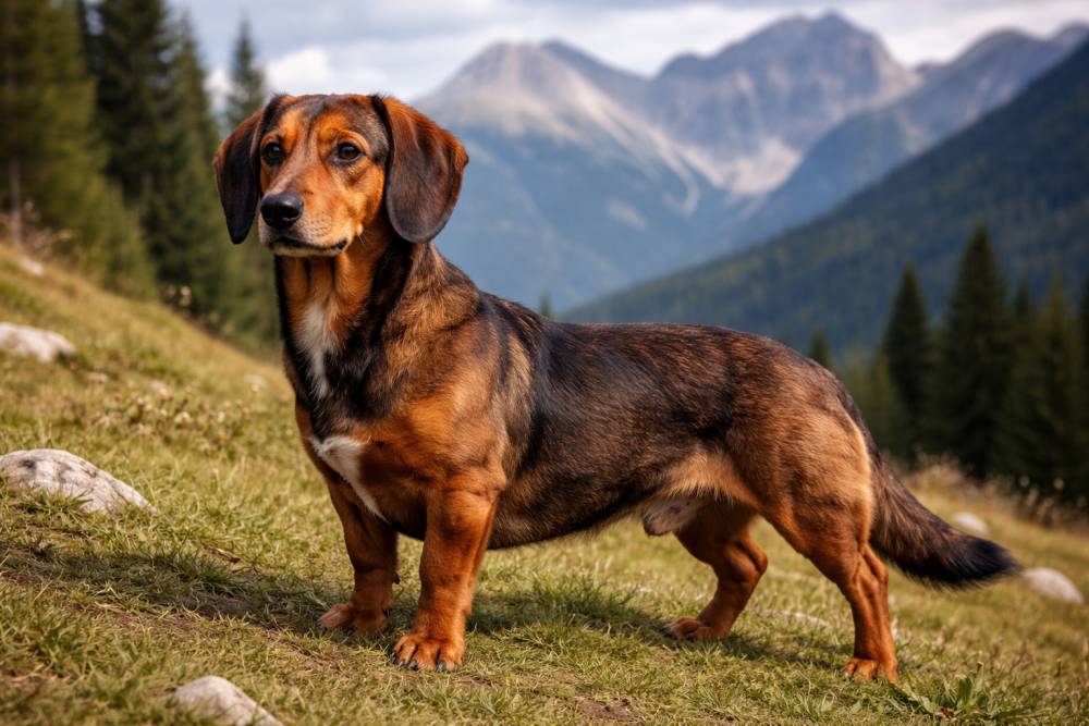 Kurzläufiger Jagdhund mit langem Körperbau steht aufmerksam auf einer alpinen Wiese vor bergiger Landschaft