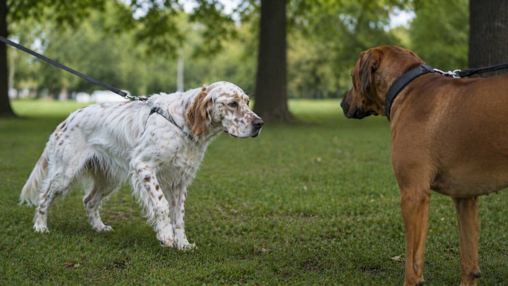 Hund zeigt unsicheres Verhalten beim Kontakt mit Artgenossen im Park