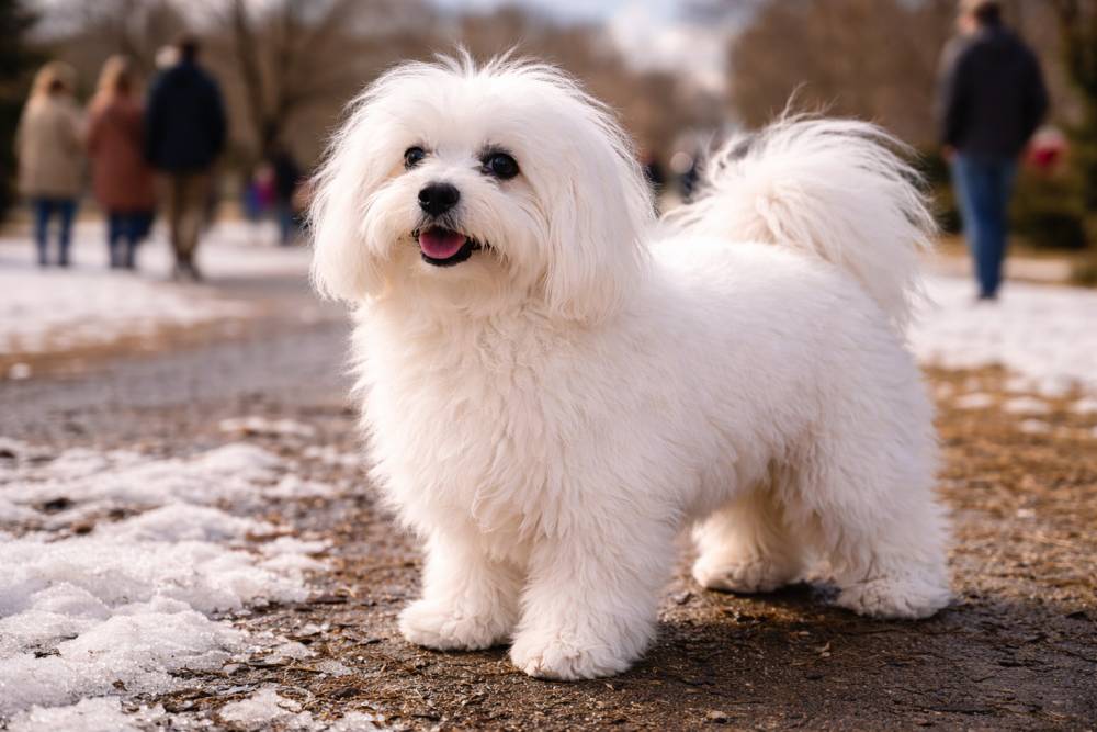 Hund steht aufmerksam in einer belebteren Umgebung bei hellem Spätwinterlicht.
