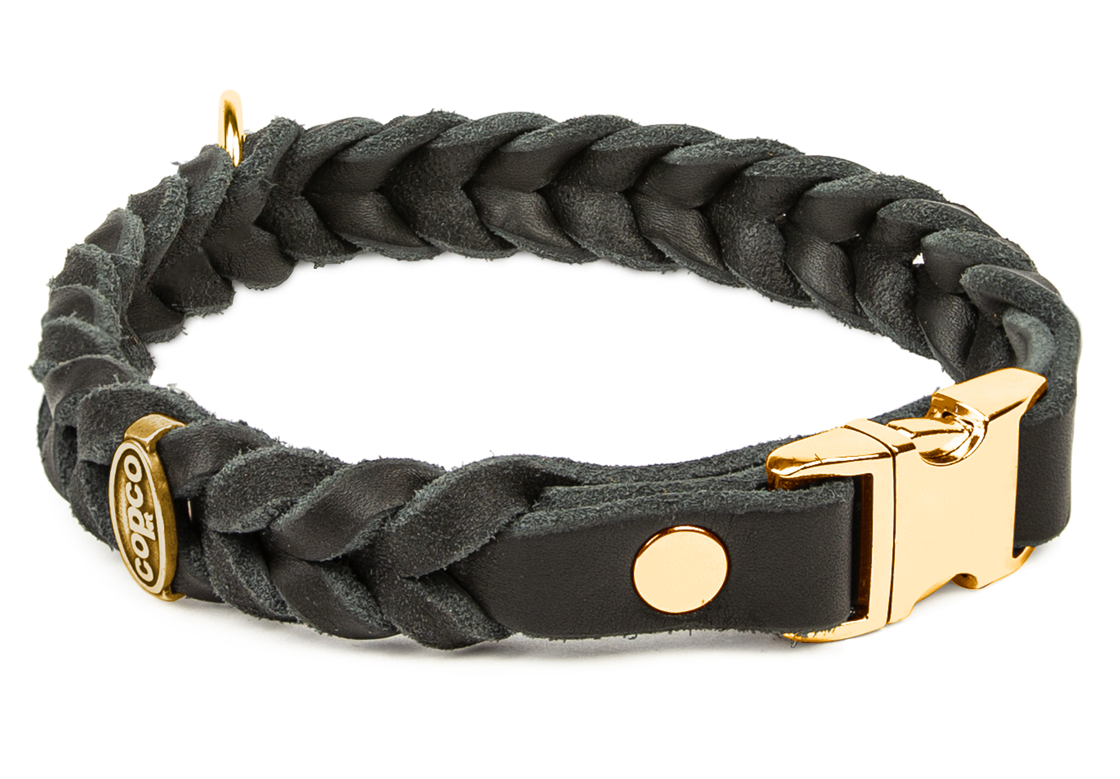 Fettleder Halsband geflochten mit Messing Metall-Klick-Verschluß Schwarz 20 cm 15 mm