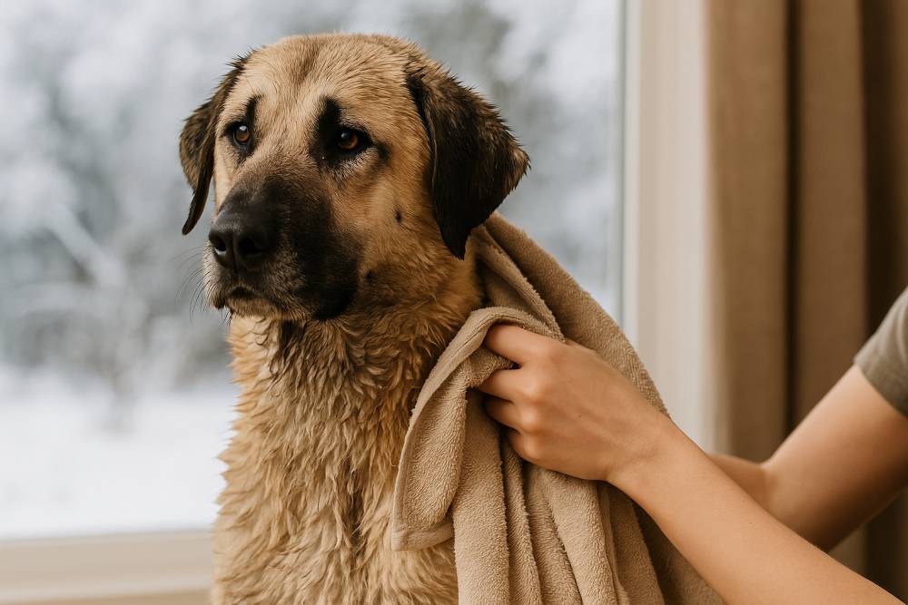 Hund wird nach einem winterlichen Spaziergang abgetrocknet, Fell leicht feucht.