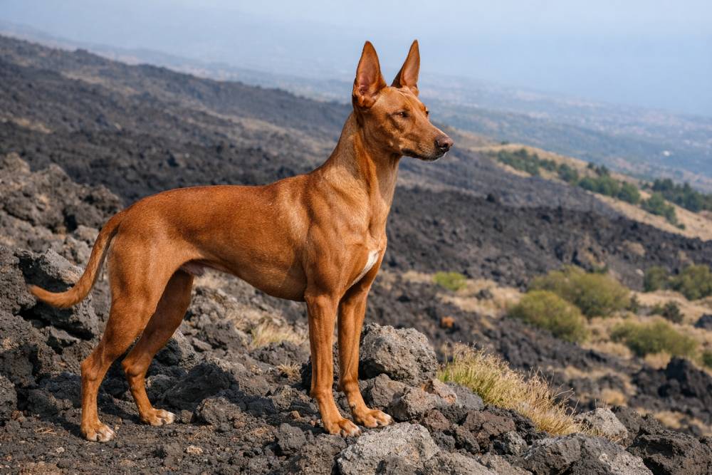 Cirneco dell’Etna mit schlankem Körperbau und großen Stehohren steht aufmerksam auf einer felsigen Landschaft am Hang des Ätna