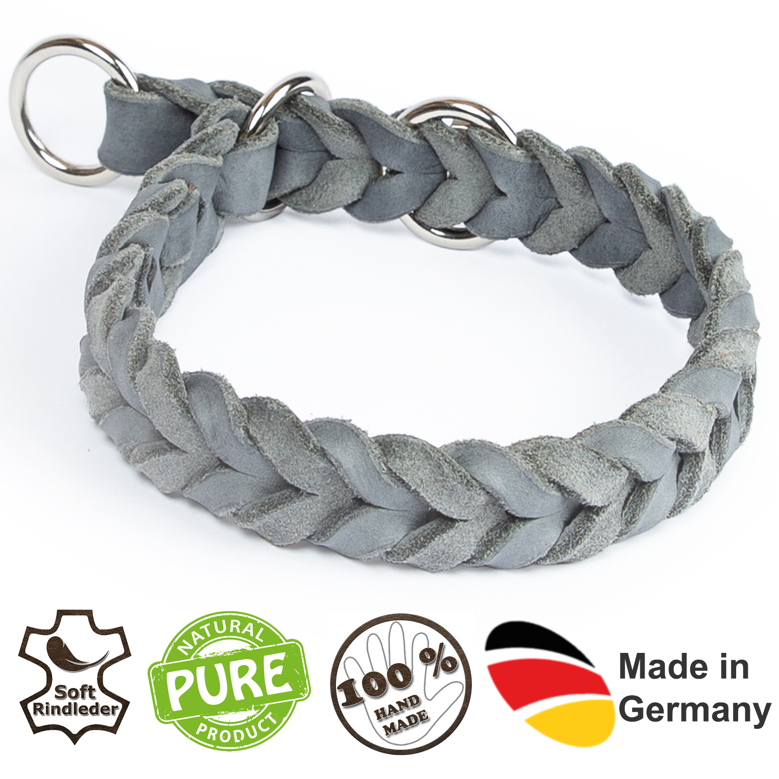 Fettlederhalsband mit Zugstopp Ring verchromt Grau 55 - 60 cm 25 mm