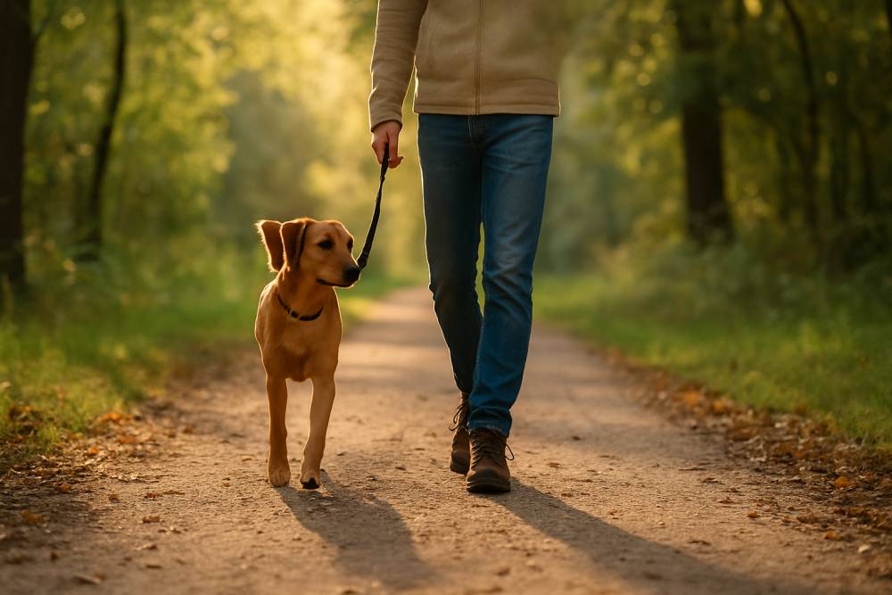 Mensch beim Spaziergang mit Hund auf einem Weg