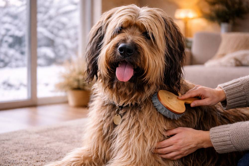 Hund wird im Winter sanft gebürstet, Fell und Haut gut sichtbar.