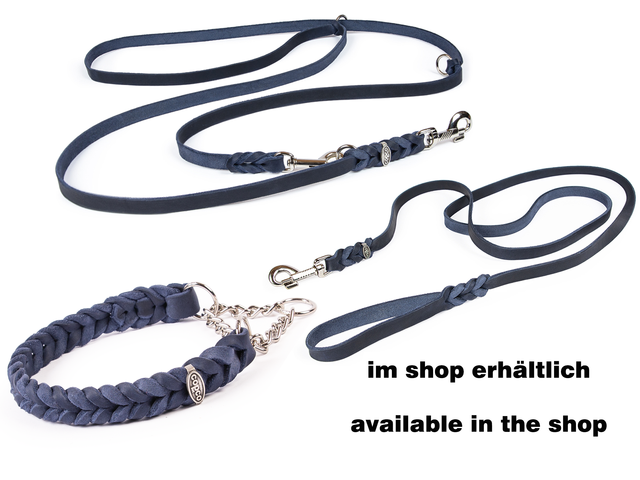 Fettleder Halsband geflochten mit verchromter Zugstopp Kette Marineblau 60 - 65 cm 25 mm