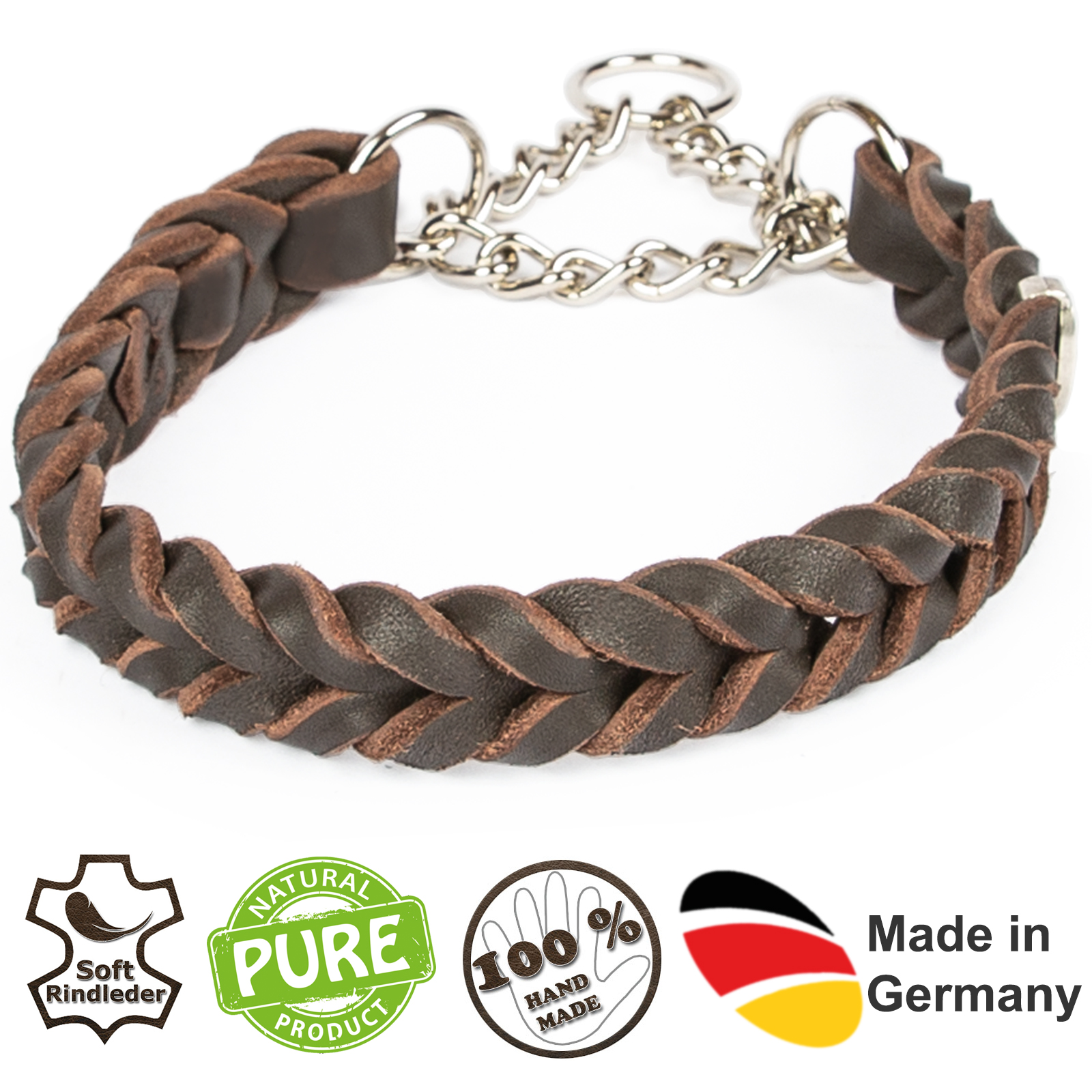 Fettlederhalsband geflochten mit verchromte Zugstopp Kette Braun 60 - 65 cm 25 mm