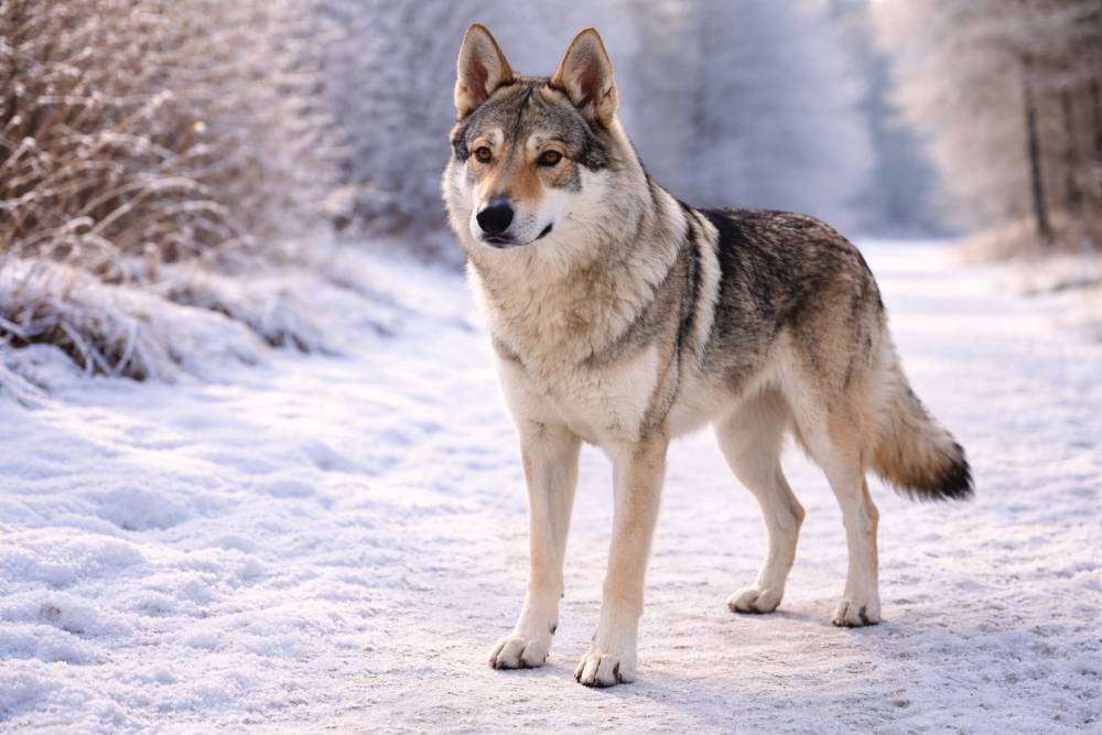Hund wirkt bei winterlichem Spaziergang etwas zögerlich, bleibt aber aufmerksam.